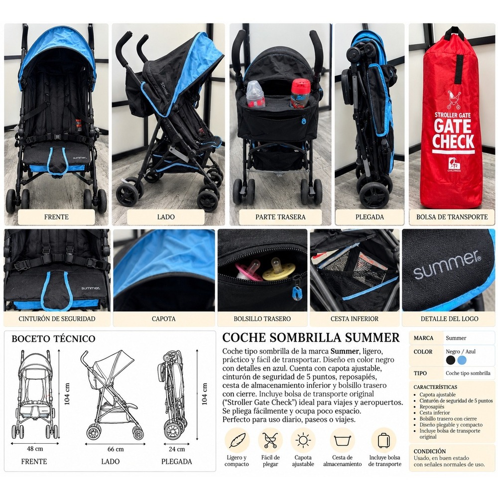 Cochecito tipo sombrilla Summer , color negro con detalles en azul.